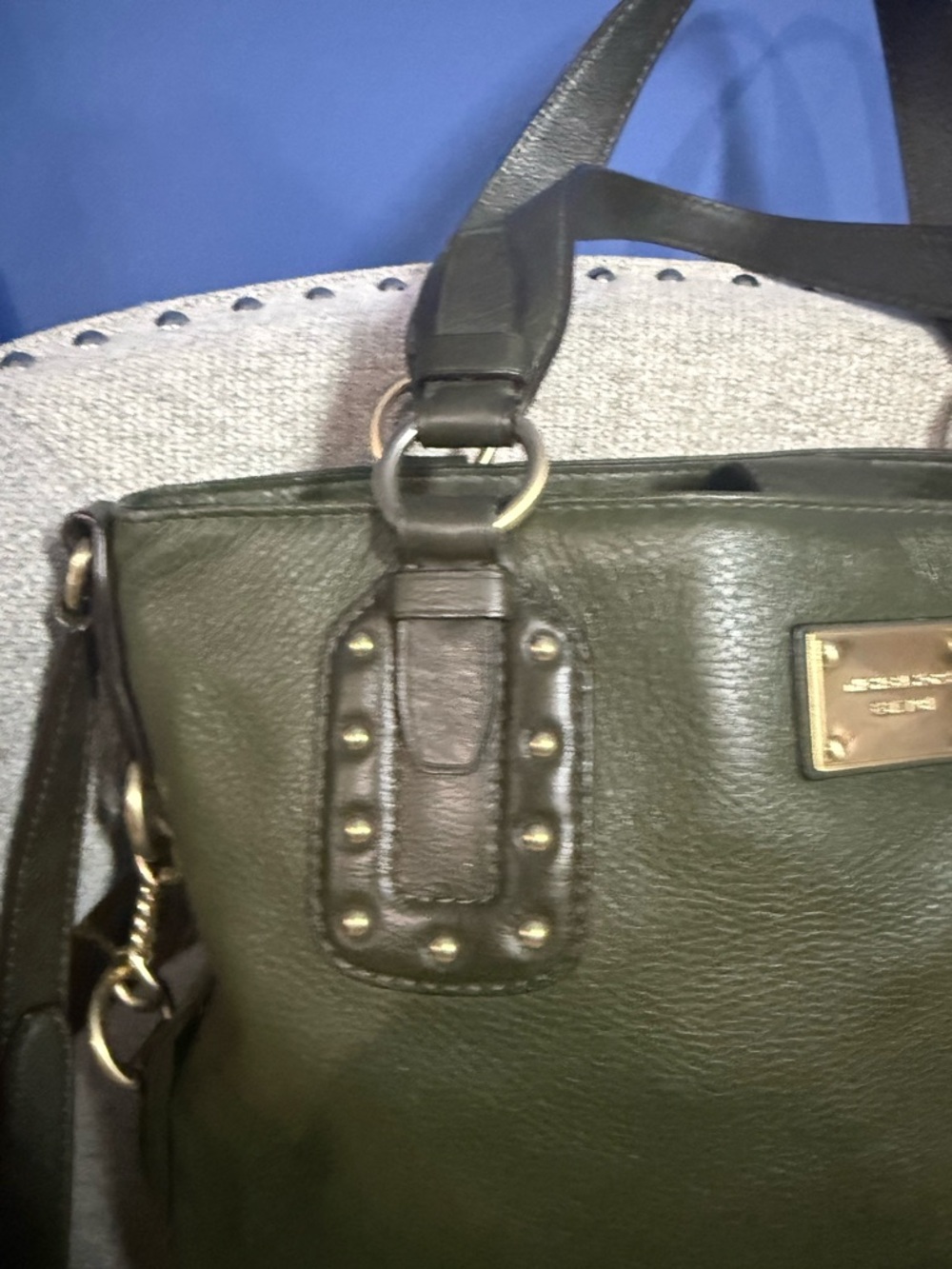 Michael Kors Olive Green Leather Shoulder Tote with Stud Accents - Picture 4 of 9